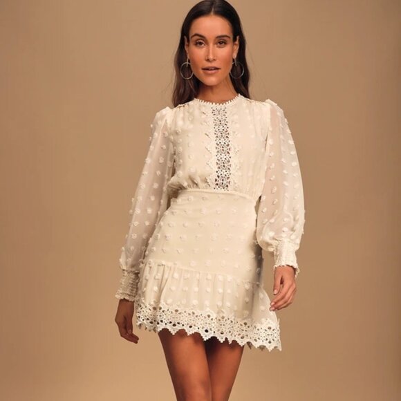 Just Me Embroidered White Lace Long Sleeve Dress - Picture 1 of 7